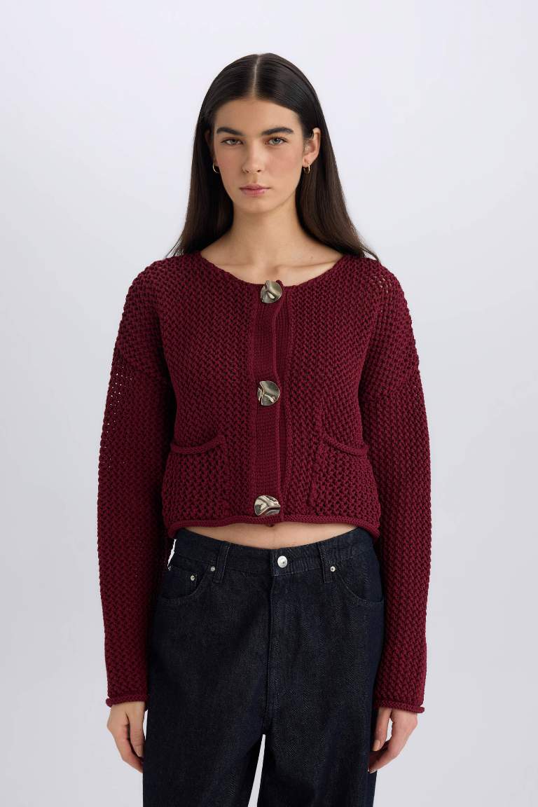 CozyCharm Knit Cardigan – Blue and Burgundy