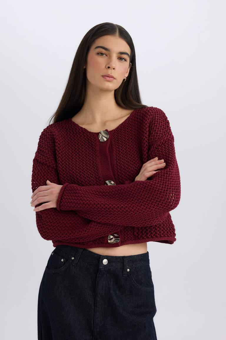 CozyCharm Knit Cardigan – Blue and Burgundy