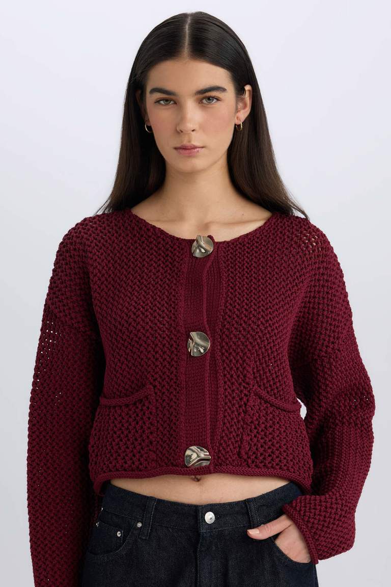 CozyCharm Knit Cardigan – Blue and Burgundy