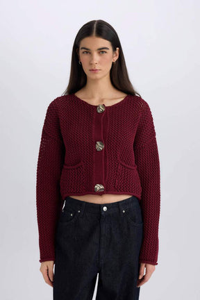 CozyCharm Knit Cardigan – Blue and Burgundy