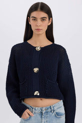 CozyCharm Knit Cardigan – Blue and Burgundy