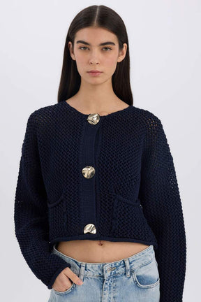 CozyCharm Knit Cardigan – Blue and Burgundy
