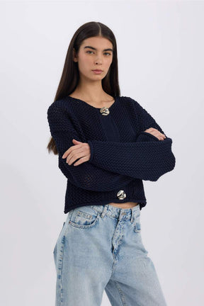 CozyCharm Knit Cardigan – Blue and Burgundy